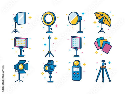 Colorful Studio Lighting Icons. Studio lighting. Colorful isometric vector icons set of studio lighting: softbox, ring light, reflector, umbrella light, LED