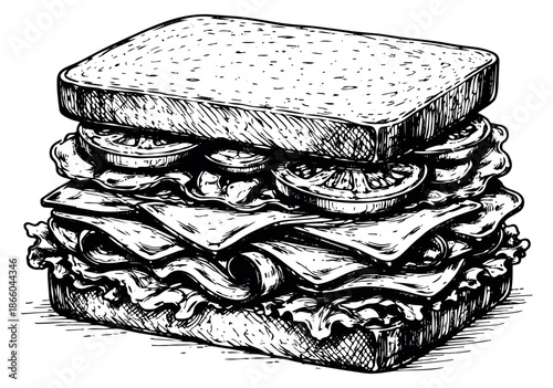 Hand drawn line art illustration of a classic layered sandwich depicting fresh ingredients for a fast food menu