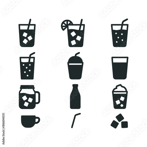 Refreshment Icon Set. Refreshing drinks. Solid icon set of refreshing drinks: cold brew coffee, iced tea, lemonade, soda, smoothie, water glass, mason jar,
