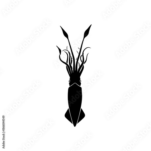 A striking black silhouette of a squid with elongated tentacles reaching upwards, isolated on a clean white background.