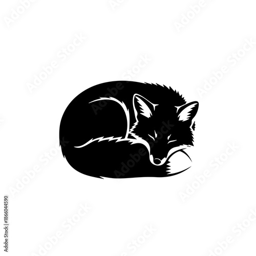 A stylized black silhouette of a fox curled up asleep on a white background.