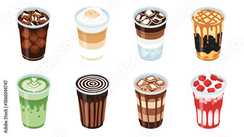 Vector illustration of delicious coffee and bubble tea drinks in disposable cups for a cafe menu