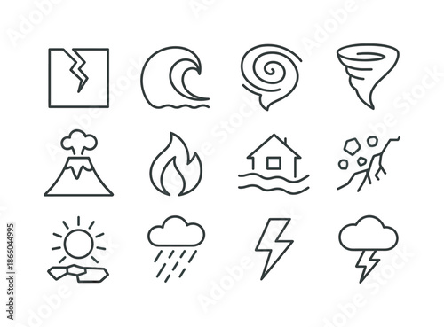 Natural Disasters Icons. Natural disasters. Line icon set of natural disasters: earthquake crack, tsunami wave, hurricane spiral, tornado funnel, volcanic