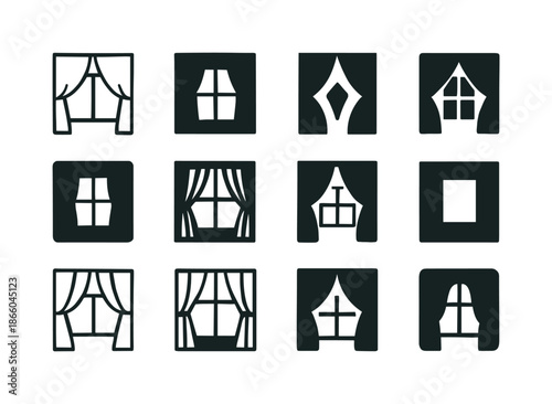 Curtains Logo Variations. Closing curtains. Icon set. Set Logo of closing curtains: Window behind curtains. harmonious logo variations of the same emblematic