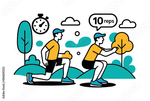 Dynamic Park Fitness. Park Circuit Training. A dynamic figure performs lunges and squats across minimalist grass hills with floating stopwatch and rep icons