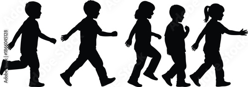 Silhouettes of children walking and running in motion sequence, black figures, transparent background, dynamic movement and activity illustration