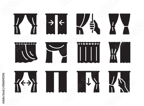 Curtain Movement Icons. Curtain movement. Solid icon set of curtain movement: opening, closing, pulling, tying, swaying, draping, folding, gathering, sliding,