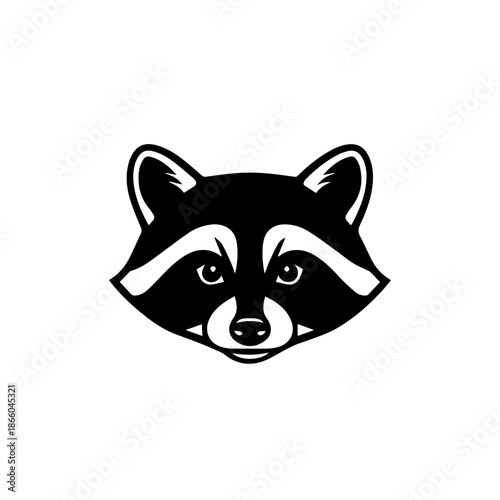 Black and white illustration of a raccoon head facing forward, featuring its distinctive mask and pointed ears.