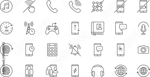 Mobile app feature icon set showcasing smartphone settings, security, communication, biometric access, and data sync in clean line style