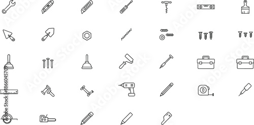 Tool and hardware icon set featuring construction, repair, DIY, and workshop elements in clean black-and-white line style