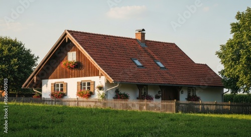 Wallpaper Mural Cottage with red-tiled roof, wooden trim, flowers, and a grassy hill in front Torontodigital.ca