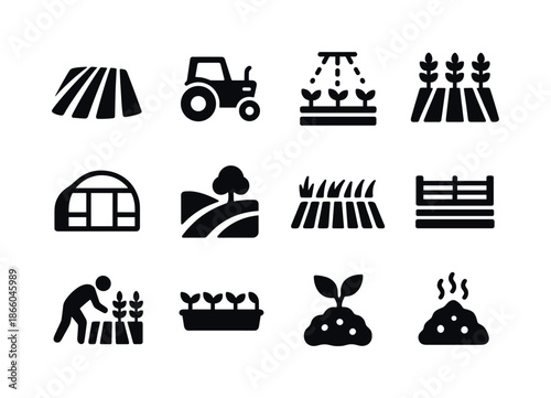 Agricultural Icons Grid. Agricultural land. Solid icon set of Agricultural land: plowed field, tractor icon, irrigation icon, crop rows, greenhouse structure,