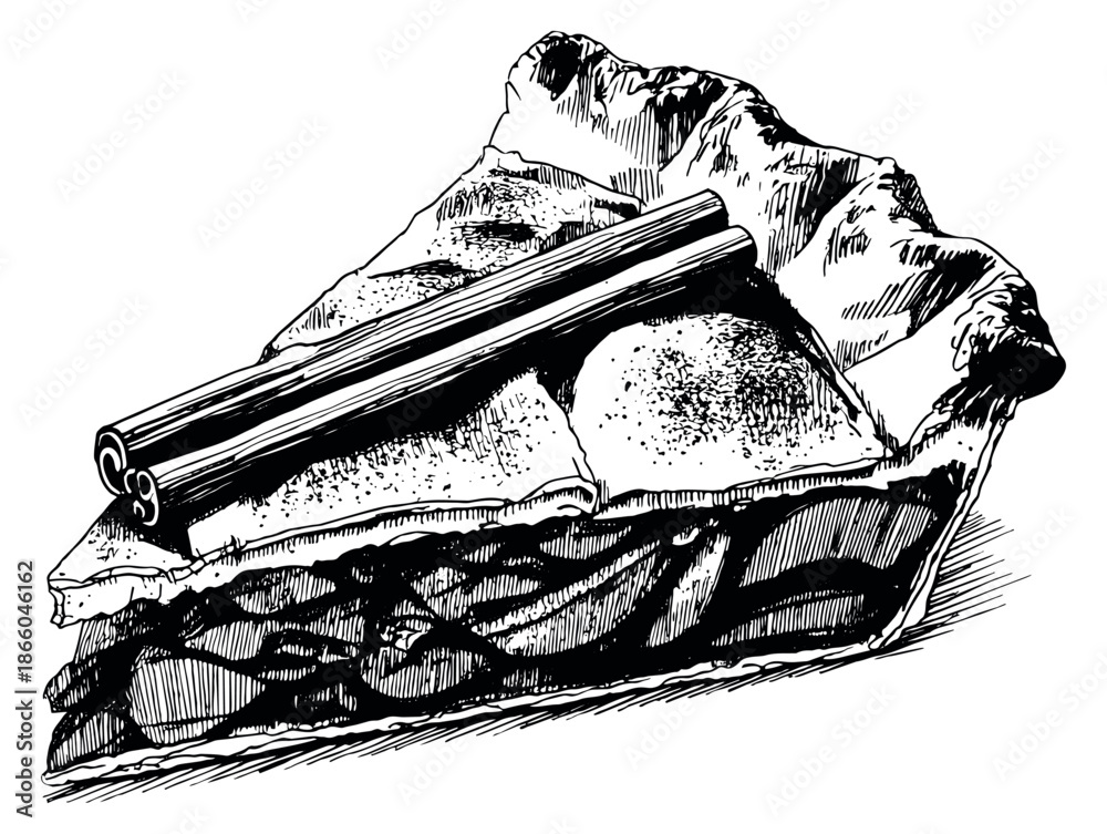 Obraz premium Hand drawn line art illustration of a slice of apple pie depicting cinnamon sticks for baking or dessert concepts