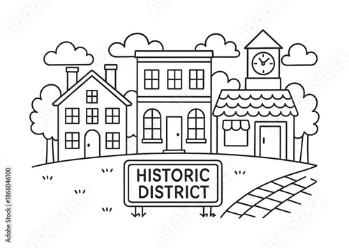 Historic Buildings Coloring Page. Historic district children?s coloring book illustration, outlined drawing, old-fashioned cartoon buildings with simple