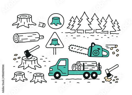Doodle Logging Symbols. Clearcut. Hand-drawn doodle illustration tree stumps (colored #04b795), fallen logs, cut tree icon (accented #04b795), chainsaw, bare