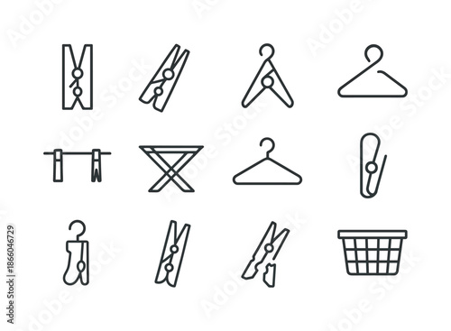 Laundry Pin Icons. Laundry Pin. Line icon set of Laundry Pin: wooden clothespin, plastic clothespin, metal clip, spring hinge, laundry line, drying rack,