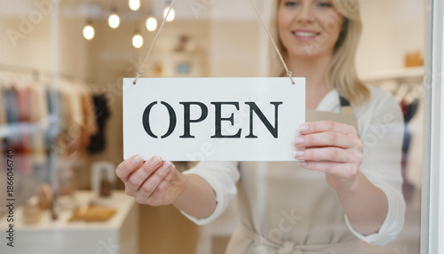 Happy female owner holding open sign in her fashion boutique store. Small business retail woman smiling while welcoming customers at shop entrance. Professional worker wearing apron.