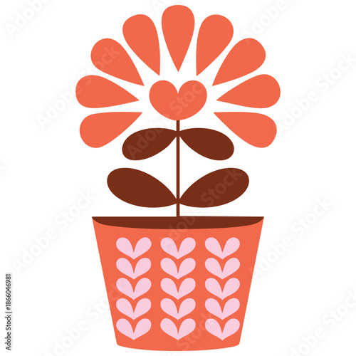 simple abstract flower in a pot with a heart houseplant with bud and leaves valentines day card element vector