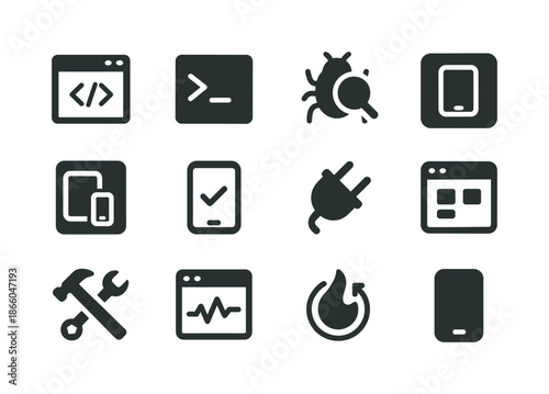 Development Tools Icons. Development tools. Solid icon set of development tools: code editor, terminal, debugger, version control, simulator, testing device,