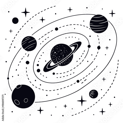 A black and white illustration of a solar system with planets and stars