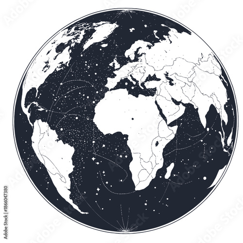 A detailed illustration of the Earth with stars and constellations in space