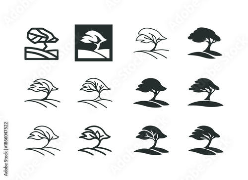 Lone Tree Logo Variations. lone tree in field. Icon set. Set Logo of lone tree in field: windswept tree. harmonious logo variations of the same emblematic