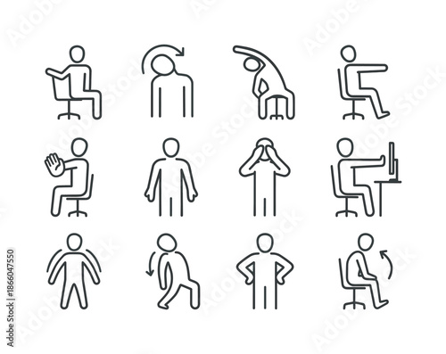 Desk Stretching Icons. Desk Stretching. Line icon set of Desk Stretching: chair twist, neck roll, seated side stretch, calf raise, wrist flex, shoulder shrug,