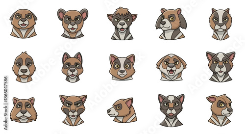 Cartoon dog faces with various expressions and accessories.