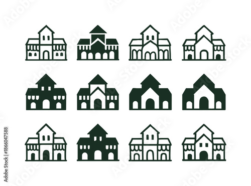 Town Logo Variations. Town. Icon set. Set Logo of Town: Marketplace Square. harmonious logo variations of the same emblematic concept, each with different