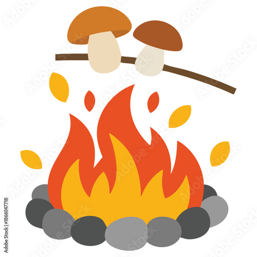 burning autumn campfire and mushroom on a frying stick vector illustration on white background