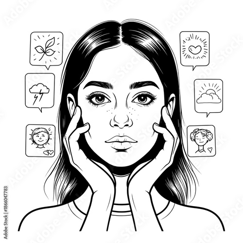 A dark-haired woman is lost in thought, with symbols of mental health, positive emotions, and love behind her. Concept of communication and empathy. Vector illustration.28