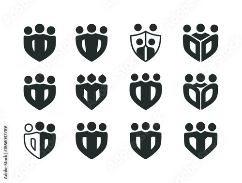 Teamwork Icon Variations. Teamwork. Icon set. Set Logo of teamwork: unified shield. harmonious logo variations of the same emblematic concept, each with