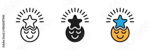 Creative icon showing a happy face with a glowing star, symbolizing inspiration, brilliant ideas, mindfulness, success, and positive thinking.