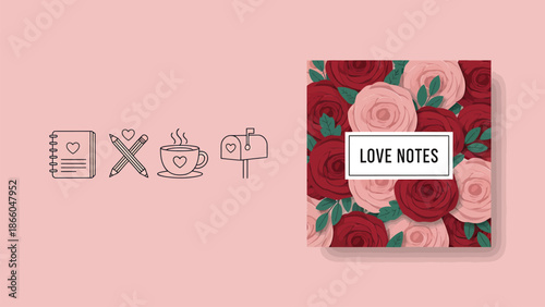 Romantic love notes journal with roses and heart icons