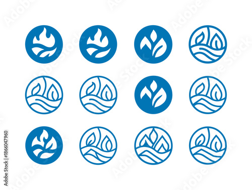 Elemental Logo Set. Element. Icon set. Set Logo of Element: Elemental Circle Composition. harmonious logo variations of the same emblematic concept, each with
