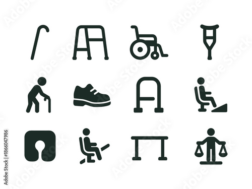 Mobility Aid Icons. Mobility Assistance. Solid icon set of Mobility Assistance: cane, walker, wheelchair, crutch, person walking, shoe, support handle, ramp,