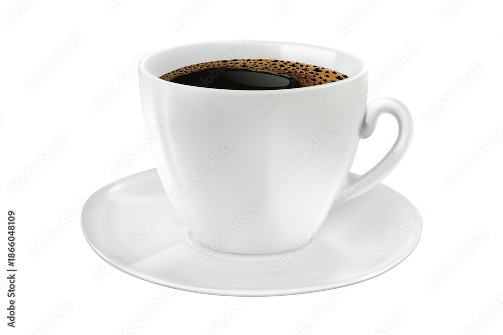 Obraz premium Realistic white ceramic cup of hot black coffee with foam on saucer isolated on transparent background, fresh morning espresso mug for energy 3D illustration