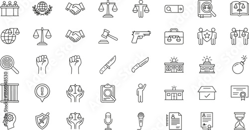 Legal and justice icon set featuring law enforcement, court, protection, rights, and civic symbols in clean black line style