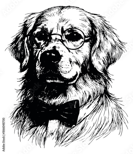 Hand drawn line art illustration of a golden retriever depicting a dapper gentleman dog for sophisticated pet themes