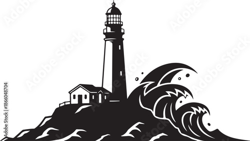  Lighthouse by the sea vector illustration in engraving inspired style