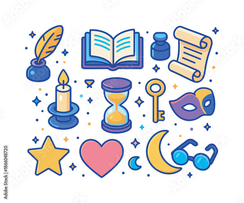 Colorful Literary Icons. Literary symbols. Colorful isometric vector icons set of literary symbols: feather quill, open book, scroll, ink bottle, candle,