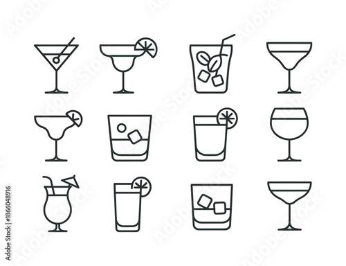Cocktail Icon Set. Cocktail drinks. Line icon set of Cocktail drinks: martini, margarita, mojito, cosmopolitan, daiquiri, old fashioned, whiskey sour, gin and