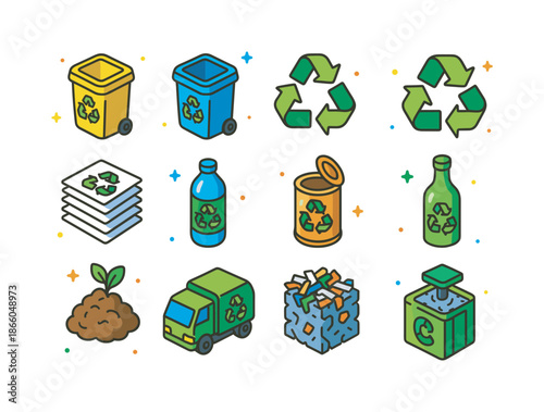 Recycling Icons Set. Recycling System. Colorful isometric vector icons set of Recycling System: sorting bins, arrows loop, paper recycling, plastic recycling,