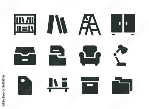 Library Essentials Icons. Library Storage. Solid icon set of library storage: bookshelf, books, step ladder, cabinet, drawer, file, reading chair, desk lamp,