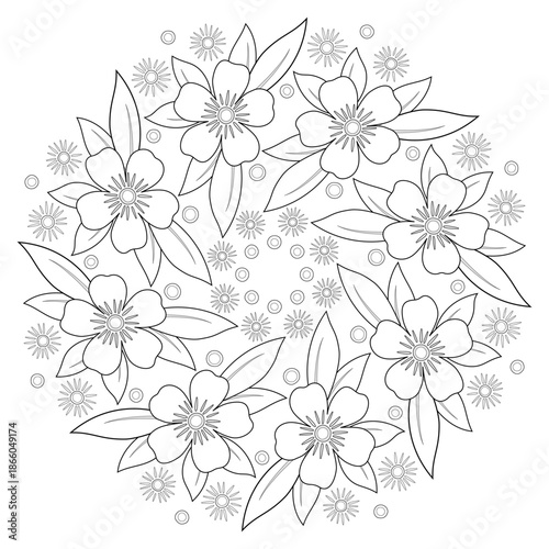 Weather of flowers in folklore style. Flowers coloring page. Spring floral mandala. Monochrome round plant ornament. Design element of black flowers contour on white background