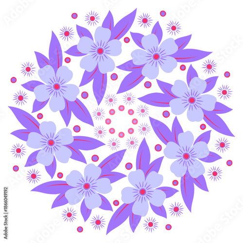 Magic purple round plant ornament. Cute bouquet of flowers in folklore style. Spring floral mandala. Design element of purple flowers on white background
