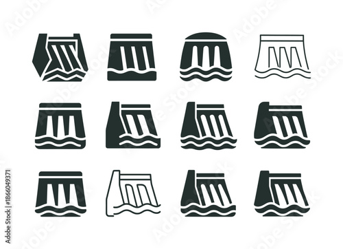 Sustainable Energy Icons. Sustainable energy solutions. Icon set. Set Logo of sustainable energy solutions: Hydroelectric dam. harmonious logo variations of