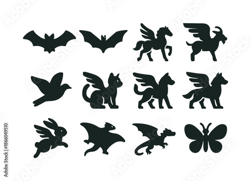 Winged Animal Icons. Winged Animals. Solid icon set of Winged Animals: bat, flying fox, winged horse, winged goat, bird silhouette, winged cat, winged dog,