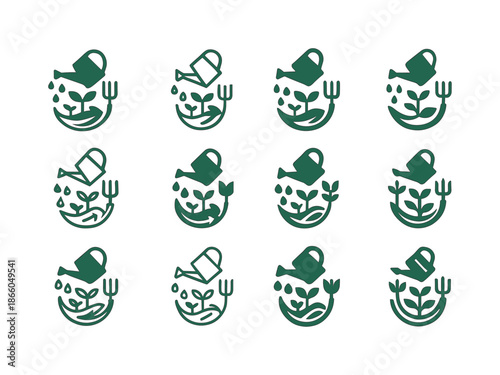 Zero Waste Farming Icons. zero waste farming. Icon set. Set Logo of zero waste farming: reusable tools. harmonious logo variations of the same emblematic