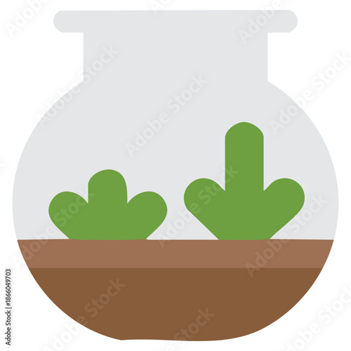 small glass terrarium with green plants sandy ground rock decoration flat cartoon illustration vector isolated